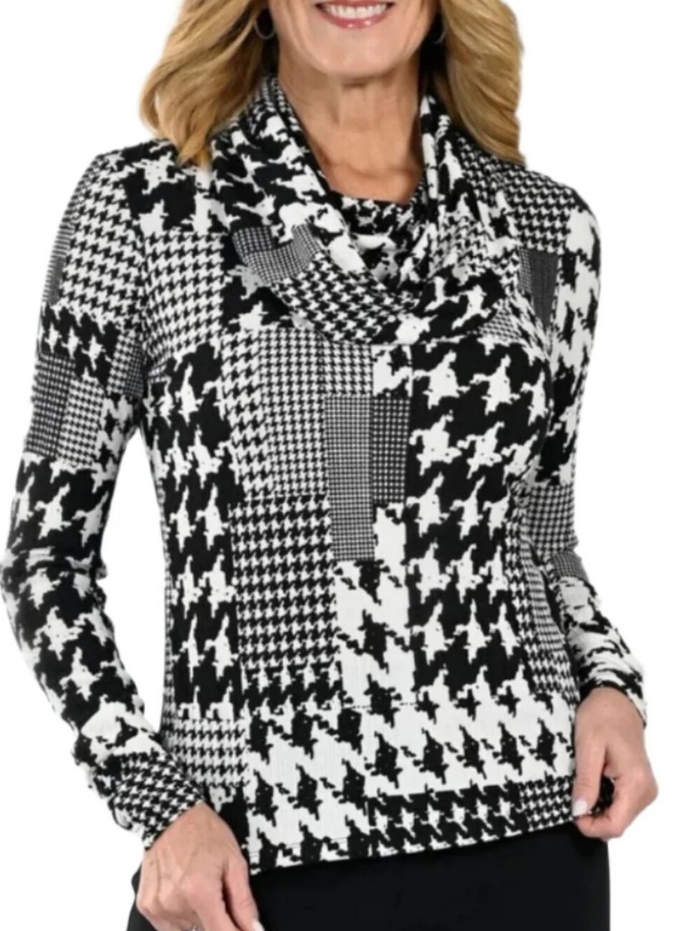 Frank Lyman Design Black and White Houndstooth Cowl Neck Sweater